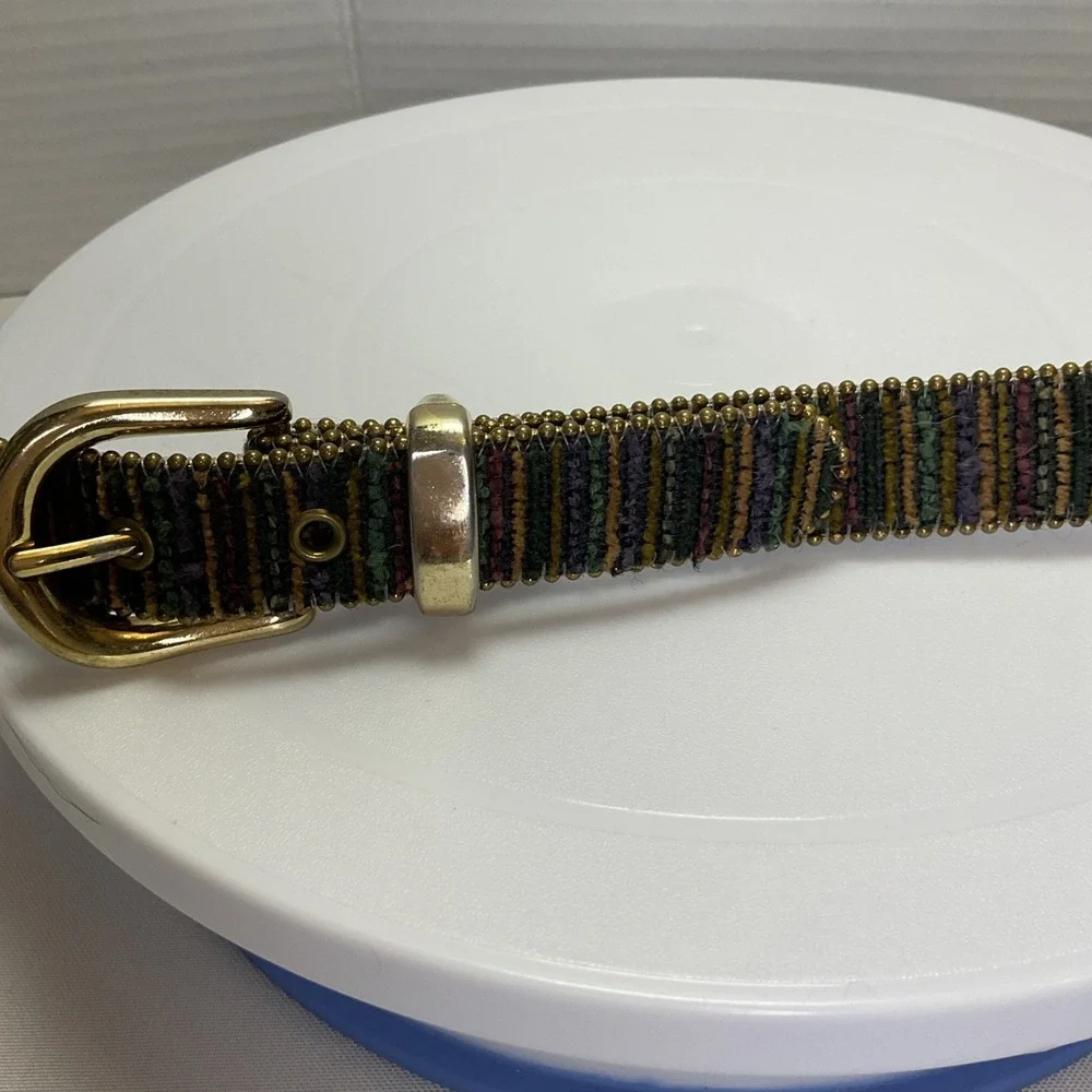 Tapestry Striped Multi Color Women's Beaded Belt‎ Size L Gold-Tone Buckle Boho